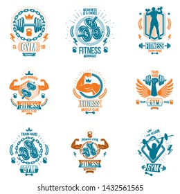 Set of vector bodybuilding theme emblems and advertising posters composed using dumbbells, barbells, kettle bells sport equipment and bodybuilder perfect shapes.