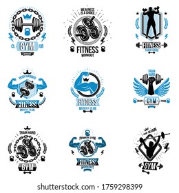 Set of vector bodybuilding theme emblems and advertising posters composed using dumbbells, barbells, kettle bells sport equipment and athlete perfect shapes.