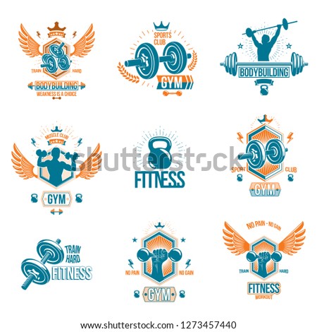 Set of vector bodybuilding theme emblems and advertising posters composed using dumbbells, barbells, kettle bells sport equipment and athlete perfect shapes.