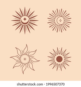 Set of vector bohemian logo design templates with sun and sunburst. Boho linear icons or symbols in trendy minimalist style.Modern celestial emblems.Branding designs template.