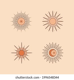 Set of vector bohemian logo design templates with sun and sunburst in retro style. Boho linear icons or symbols.Trendy minimal design.Modern celestial emblems.Branding designs templates.