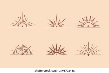 Set of vector bohemian logo design templates with sun,moon and sunburst. Boho linear icons or symbols in trendy minimalist style.Modern celestial emblems.Branding designs templates.