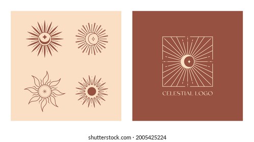 Set of vector bohemian logo design templates with moon, sun and sunburst. Boho linear icons or symbols in trendy minimalist style.Modern celestial emblems.Branding design templates.