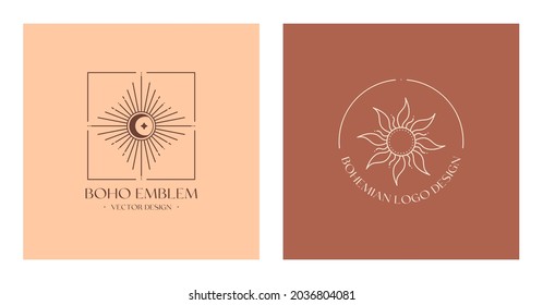 Conjunto de plantillas de diseño de logotipo vectorial bohemio con luna creciente, sol y ráfagas de sol. Iconos o símbolos lineales en un estilo minimalista moderno.Emblemas celestes modernos.Plantillas de diseño de marca.