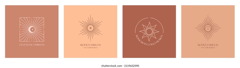 Set of vector bohemian logo design templates with sun and sunburst. Boho linear icons or symbols in trendy minimalist style.Modern celestial emblems.Branding design templates.