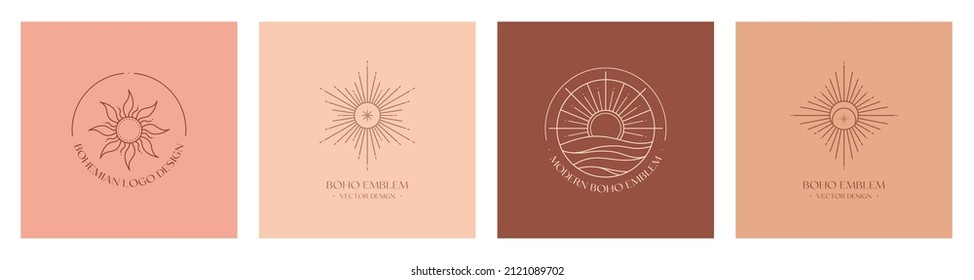 Set of vector bohemian logo design templates with sun and sunburst,sea or lake,moon,star. Boho linear icons or symbols in trendy minimalist style.Modern celestial emblems.Branding design templates.