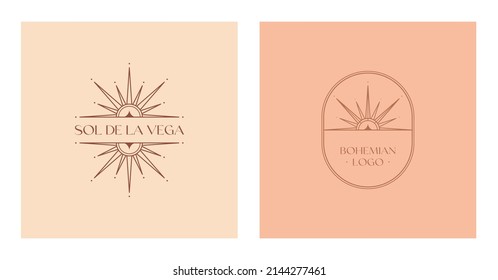 Set of vector bohemian logo design templates with star,sun and sunburst.Boho linear icons or symbols.Modern celestial emblems.Branding design.Letters with Sol de la Vega means Sun of the Valley