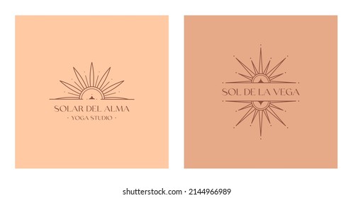 Set of vector bohemian logo design templates with star,sun and sunburst.Modern celestial emblems.Branding boho design.Sol de la Vega means Sun of the Valley,Solar del Alma means Sun of the Soul.