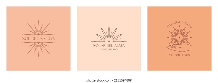 Set of vector bohemian logo design templates with star,sun and sunburst.Modern celestial emblems.Branding boho design.Sol de la Vega means Sun of the Valley,Solar del Alma means Sun of the Soul.