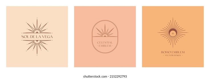 Set of vector bohemian logo design templates with star,sun and sunburst.Boho linear icons or symbols.Modern celestial emblems.Branding design.Letters with Sol de la Vega means Sun of the Valley