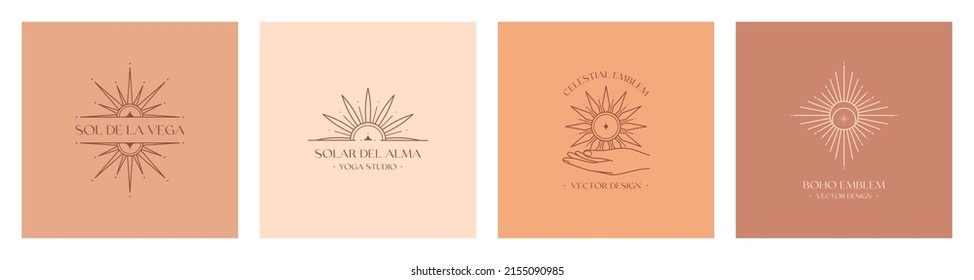 Set of vector bohemian logo design templates with star,sun and sunburst.Modern celestial emblems.Branding boho design.Sol de la Vega means Sun of the Valley,Solar del Alma means Sun of the Soul.