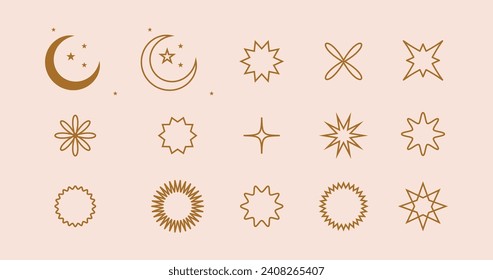 Set of vector bohemian logo design templates with sun,moon and sunburst. Boho linear icons or symbols in trendy minimalist style.