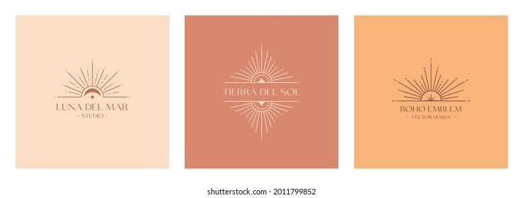 Satz von vektorböhmischen Logos.Boho Lineare Symbole oder Symbole im trendigen minimalistischen Stil.Moderne Himmelsembleme.Buchstaben mit Tierra del Sol bedeutet das Land der Sonne,Buchstaben mit Luna del Mar bedeutet Sea Moon