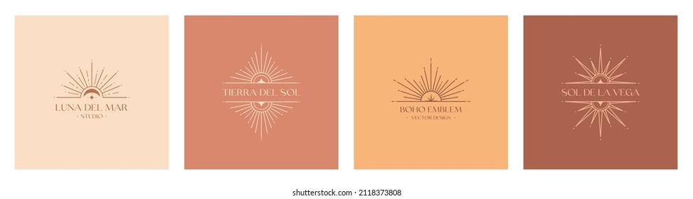 Set of vector bohemian logos.Boho linear icons or emblems.Letters with Tierra del Sol means The Land of Sun,Letters with Luna del Mar means Sea Moon,Letters with Sol de la Vega means Sun of the Valley