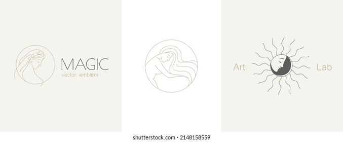 Set of vector bohemian logos.Boho linear icons or symbols in trendy minimal style.Modern celestial emblems with sun and woman in circle.