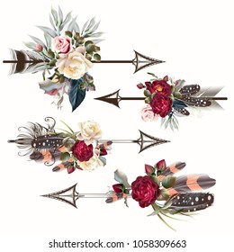 Set Of Vector Boho Arrows With Roses And Feathers For Design