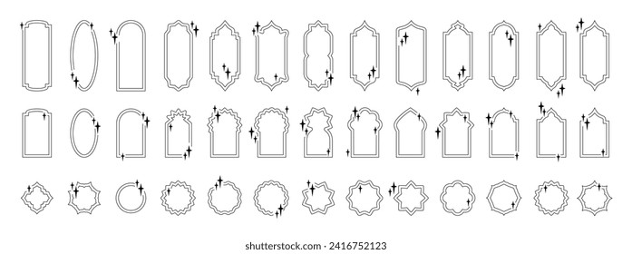 Set of vector boho frames. Oval shape line arches, islamic windows, stars and twinkles. Abstract minimal Bohemian celestial figures. Ramadan Kareem design elements. Simple Y2k  esoteric line arches