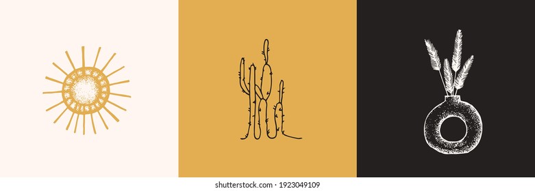 Set of vector boho logos. Sun, cactus, vase.