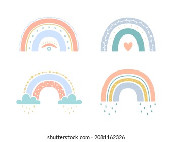 Set vector boho rainbows with heart, clouds and rain for kids. Weather element. Cute colorful illustration in hand drawn style for nursery posters, prints, cards, fabric. Isolated on white