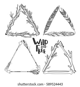 Set of vector boho triangle frames isolated on white with feathers, arrows, sticks.