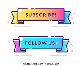 Set of vector bold dashed outline stroke banners. Flat ribbon shape. Nice and cute design template with colorful elements. Subscribe and Follow Us labels.