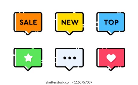 Set of vector bold dashed outline stroke tags or labels. Rectangular speech bubble shape. Nice and cute design template with colorful elements. Peach orange and blue cyan colors.