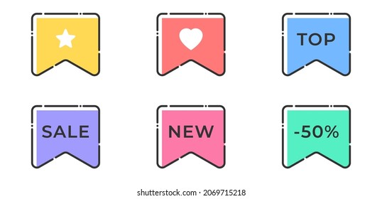 Set of vector bold dashed outline stroke tags or labels. Rectangular ribbon bookmark shape. Nice and cute design template with colorful elements.
