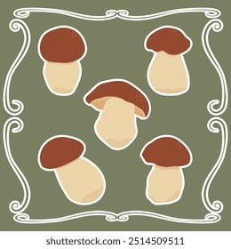 Set of vector boletus mushroom stickers on a plain background