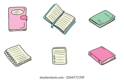 Set of vector book icons in green, pink and blue colors on white background. Hand drawn vector sketch illustration in doodle engraved line art vintage style. Literature, notebook, check list.