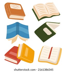 A set of vector book illustrations for various documents, teaching materials, publications and invitation cards. book opened and close icon in different style