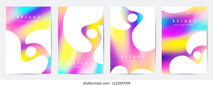 Set of vector booklet cover templates, abstract background with bright blurred spots and white geometric shapes.