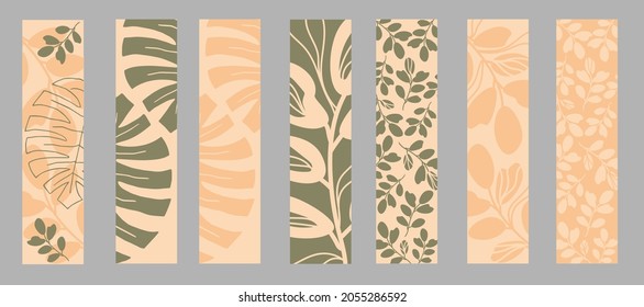 Set of vector bookmarks. Abstract leaves, branches and tropical plants . Design in pastel colors. Can be used background, banner.