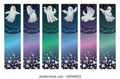 Set of vector bookmarks with ghosts on ornamental background