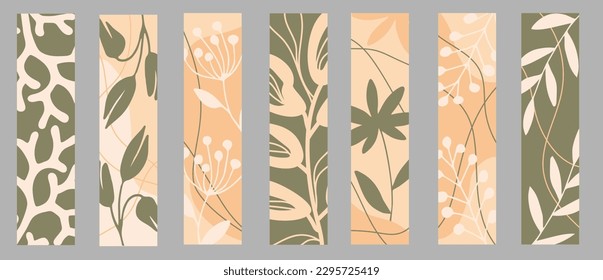 Set of vector bookmarks in vertical format. Abstract leaves, flower, branches and tropical plants in pastel colors.