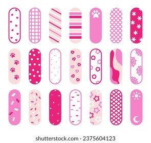 Set of vector bookmarks in vertical format. Abstract flowers, hearts, stars, dots, lines. Hand drawn outline set cute bookmarks, stickers, patches, tape. Vector illustration in flat style