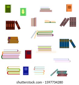 Set of vector books in different positions: row, pillar, singly. Different colored book covers on an isolated white background. Concept: details for the library, training, reference. eps 10.