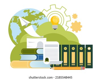 Conjunto de libros vectoriales, carpetas de oficina, documentos y otros modernos iconos de diseño plano sobre fondo de tierra verde. El concepto de la futura educación ambiental.