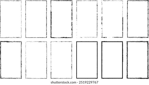 Set of vector border frames with rough edges . Rectangular frame template collection . distress texture . Grunge tiny frame borders isolated on the background . Rough edges effect . 