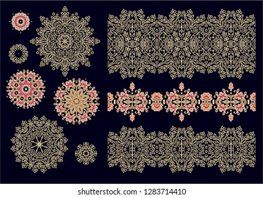 Set of  vector border ornaments, ornamental rosette - mandala on dark background