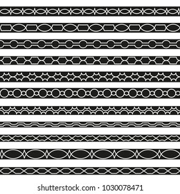Set of vector borders art dividers in geometrical style. Borders for the text, invitation cards, various printing editions. Seamless horizontal patterns.