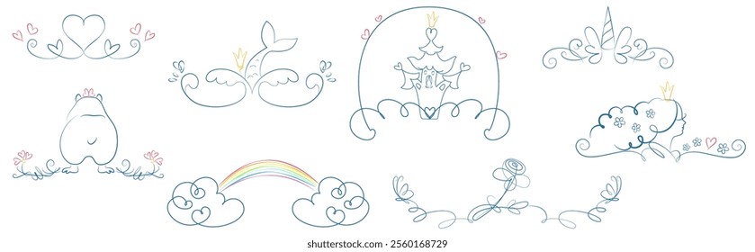 Set of vector borders, endings, vignettes, page dividers with hearts, mermaid, fairy, unicorn, rainbow, palace, flowers, princess, capybara.