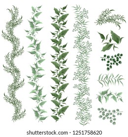 Set of vector borders of green leaves, berries, branches. All the elements separately on a white background. The flora elements of design.