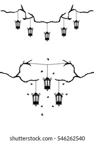 set of vector borders with retro street lamps, tree branch and butterflies  in black and white colors