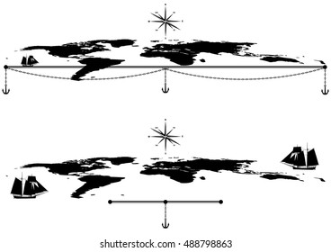 set of vector borders with tall ships, maps and anchors in black and white