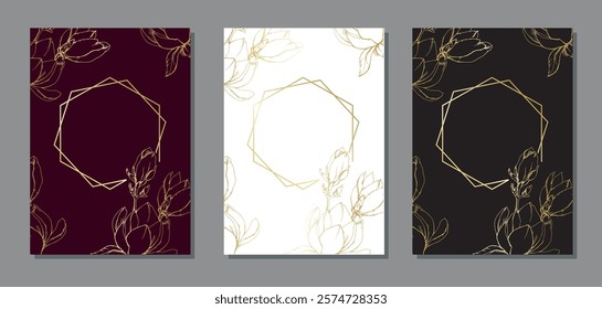 Set of vector borders for wedding invitation and greeting card. Beautiful frames with golden lines flower on red, white, black background.  Luxury design for celebration.