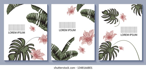 Set of vector botanical banners with tropical palm leaves and pink flowers. Romantic design for natural cosmetics, perfumery, women's goods, packaging, labels.