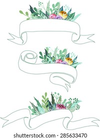 Set of vector botanical doodle banners hand-drawn