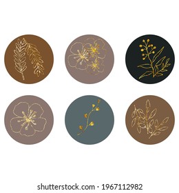 Set Of Vector Botanical Logos In Gold. Boho Style. Abstract Plant Design For Print, Covers, Wallpapers, Minimalistic And Natural. Icon For Instagram.