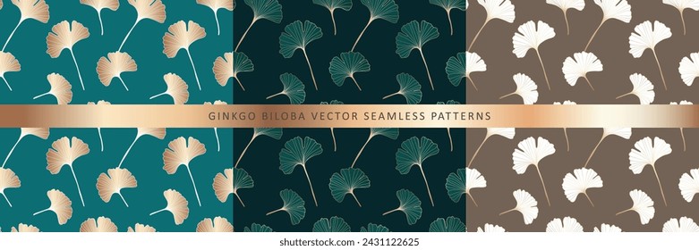 Set of vector botanical luxury seamless patterns with ginkgo biloba leaves. Patterns for textiles, packaging paper, covers, cases.