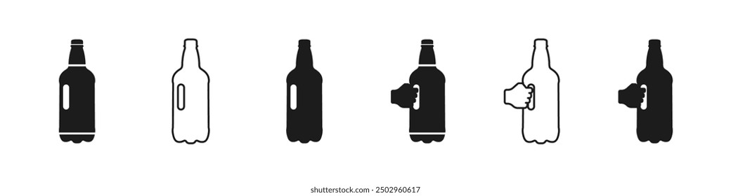 Set of vector bottle icons. Plastic beer bottle icon. A bottle with a handle. Ergonomics inspired the logo. A hand holding a bottle of a selection of icons.